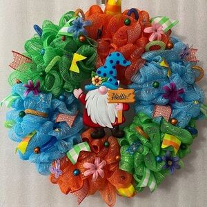 Colorful Gnome Welcome Wreath - Blue, Green, Orange